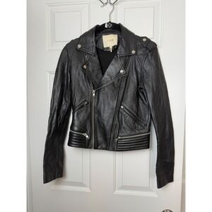 Maje Black Leather Moto Biker Jacket Studded Asymmetrical Zip Womens Size 38 M